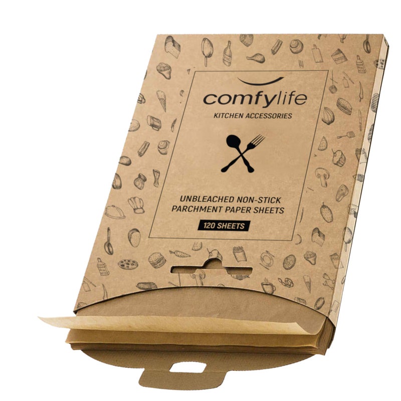 Comfylife 120 x Parchment Paper Sheets - No Curl, No Tear, No Burn Baking Paper (16 x 12 inch) â€“ No Chemical Unbleached â€“ Cookie Paper Precut Baking Sheets For Baking - Image 1